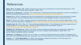 References
Black, W.K., & Leysen, J.M. (2002). Fostering success: The socialization of entry-level librarians in ARL
libra...