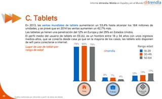 En 2013, las ventas mundiales de tablets aumentaron un 53,4% hasta alcanzar los 184 millones de
unidades, y se prevé que en 2014 las ventas aumenten un 42,7% más.
Las tabletas ya tienen una penetración del 12% en Europa y del 29% en Estados Unidos.
El perfil medio del usuario de tablets en EE.UU, es un hombre entre 18 y 34 años con unos ingresos
medios-altos, que se conecta desde casa ya que en la mayoría de los casos, las tablets solo disponen
de wifi para conectarse a internet.
C. Tablets
Lugar de uso de tablet por
rango de edad
23
Informe ditrendia: Mobile en España y en el Mundo
Gráfico elaborado por ditrendia a partir de datos de Adobe
 