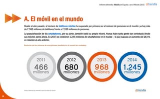 Informe ditrendia: Mobile en España y en el Mundo 2015
Desde el año pasado, el número de teléfonos móviles ha superado por primera vez el número de
personas en el mundo: ya hay más de 7.300 millones de teléfonos frente a 7.200 millones de personas.
La popularización de los smartphones, por su parte, también batió su propio récord. Nunca hubo tanta
gente tan conectada desde sus móviles como ahora. En 2014 se vendieron 1.245 millones de
smartphones en el mundo – lo que supuso un aumento del 28,4% en relación al año anterior.
A. El móvil en el mundo
10
 