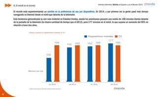 Informe ditrendia: Mobile en España y en el Mundo 2015
El mundo está experimentando un cambio en la preferencia de uso por dispositivos. En 2014, y por primera vez
la gente pasó más tiempo navegando en Internet desde el móvil que delante de la televisión.
Esta tendencia generalizada es aún más evidente en Estados Unidos, donde los americanos pasaron una media
de 168 minutos diarios delante de la pantalla de la televisión (la misma cantidad de tiempo que el 2012), pero
177 minutos en el móvil, lo que supone un aumento del 60% en relación a hace dos años.
12
A. El móvil en el mundo
 