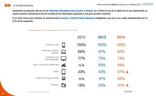 Informe ditrendia: Mobile en España y en el Mundo 2015
Analizando la evolución del uso de los diferentes dispositivos para acceder a Internet, en el 2014 el uso de la
tablet fue el que experimentó un mayor aumento: Actualmente más de la mitad de los internautas españoles lo
usa para acceder a Internet.
A un ritmo menor pero también en aumento está el acceso a Internet desde televisores inteligentes, que hoy ya
es usado habitualmente por el 21% de los españoles.
B. El móvil en España
16
 