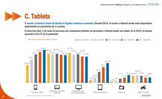 Informe ditrendia: Mobile en España y en el Mundo 2015
El acceso a Internet a través de tablets en España continúa en aumento. Durante 2014, el acceso a
Internet desde estos dispositivos experimentó un crecimiento de 11 puntos.
Si hace tres años, 2 de cada 10 personas con smartphone también se conectaba a Internet desde una
tablet, en el 2014, el número ascendió al 54,7% de la población.
C. Tablets
19
 