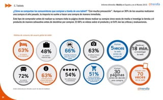Informe ditrendia: Mobile en España y en el Mundo 2015
23
C. Tablets
¿Cómo se comportan los consumidores que compran a través de una tablet? “Con mucha precaución". Aunque
un 30% de los usuarios realizaron una compra el año pasado, la mayoría no vuelve a hacer una compra de
manera inmediata.
Este tipo de comprador antes de realizar su compra visita la página donde desea realizar su compra cinco veces
de media e investiga la tienda y el producto de manera exhaustiva antes de decidirse por comprar. El 66% ve
videos sobre el producto y el 54% lee las críticas y evaluaciones.
 