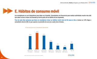 Informe ditrendia: Mobile en España y en el Mundo 2015
Los smartphones no son dispositivos para dejar en el bolsillo. Consultarlos con frecuencia para realizar
actividades mucho más allá que saber la hora o hacer una llamada ya forma parte de los hábitos de los
españoles.
Tres de cada diez personas que tiene un smartphone miran su teléfono móvil más de 50 veces al día e
incluso un 10% llega a consultarlo más de 100, lo que supone un promedio de una vez a cada cinco
minutos.
E. Hábitos de consumo móvil
26
 
