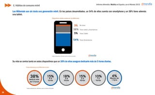 Informe ditrendia: Mobile en España y en el Mundo 2015
Los Millenials son sin duda una generación móvil. En los países desarrollados, un 54% de ellos cuenta con
smartphone y un 38% tiene además una tablet.
Su vida se centra tanto en estos dispositivos que un 38% de ellos asegura dedicarle más de 5 horas diarias.
28
E. Hábitos de consumo móvil
 