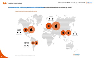 Informe ditrendia: Mobile en España y en el Mundo 2015
54
El sistema operativo más común para los pagos con Smartphone es iOS de Apple en todas las regiones del
mundo.
I. Banca y pagos móviles
 