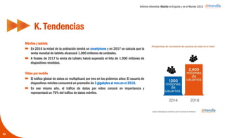 Informe ditrendia: Mobile en España y en el Mundo 2015
Móviles y tablets
En 2016 la mitad de la población tendrá un smartphone y en 2017
se calcula que la venta mundial de tablets alcanzará 1.000
millones de unidades.
A finales de 2017 la venta de tablets habrá superado el hito de
1.000 millones de dispositivos vendidos.
Vídeo por mobile
El tráfico global de datos se multiplicará por tres en los próximos
años: El usuario de dispositivos móviles consumirá un promedio
de 3 gigabytes al mes en el 2018.
En ese mismo año, el tráfico de datos por vídeo crecerá en
importancia y representará un 70% del tráfico de datos móviles.
K. Tendencias
62
 