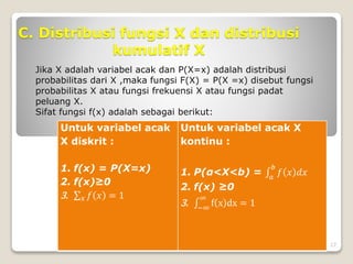 C. Distribusi fungsi X dan distribusi
kumulatif X
Untuk variabel acak
X diskrit :
1. f(x) = P(X=x)
2. f(x)≥0
3. 𝑥 𝑓 𝑥 = 1
Untuk variabel acak X
kontinu :
1. P(α<X<b) = 𝑎
𝑏
𝑓 𝑥 𝑑𝑥
2. f(x) ≥0
3. −∞
∞
f x dx = 1
Jika X adalah variabel acak dan P(X=x) adalah distribusi
probabilitas dari X ,maka fungsi F(X) = P(X =x) disebut fungsi
probabilitas X atau fungsi frekuensi X atau fungsi padat
peluang X.
Sifat fungsi f(x) adalah sebagai berikut:
17
 