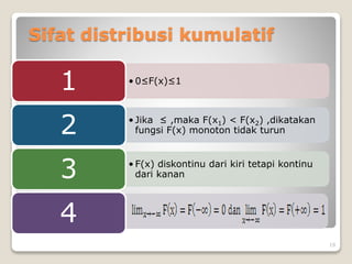 Sifat distribusi kumulatif
• 0≤F(x)≤1
1
• Jika ≤ ,maka F(x1) < F(x2) ,dikatakan
fungsi F(x) monoton tidak turun
2
• F(x) diskontinu dari kiri tetapi kontinu
dari kanan
3
4
19
 