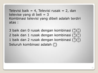 Televisi baik = 4, Televisi rusak = 2, dan
televise yang di beli = 3
Kombinasi televisi yang dibeli adalah terdiri
atas :
3 baik dan 0 rusak dengan kombinasi 4
3
2
0
2 baik dan 1 rusak dengan kombinasi 4
2
2
1
1 baik dan 2 rusak dengan kombinasi 4
1
2
2
Seluruh kombinasi adalah 6
3
33
 