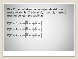 Bila X menyatakan banyaknya televisi rusak,
maka nilai-nilai X adalah 0,1, dan 2, masing-
masing dengan probabilitas :
P(X = 0) =
4
3
2
0
6
3
=
4 1
(20)
=
1
5
P(X = 1) =
4
2
2
1
6
3
=
6 2
(20)
=
3
5
P(X = 2) =
4
1
2
2
6
3
=
4 1
(20)
=
1
5
34
 