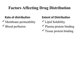 Factors Affecting Drug Distribution
Rate of distribution
Membrane permeability
Blood perfusion
Extent of Distribution
Lipid Solubility
Plasma protein binding
Tissue protein binding
 