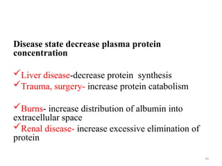 Disease state decrease plasma protein
concentration
Liver disease-decrease protein synthesis
Trauma, surgery- increase protein catabolism
Burns- increase distribution of albumin into
extracellular space
Renal disease- increase excessive elimination of
protein
24
 