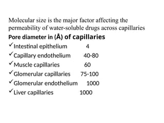 Molecular size is the major factor affecting the
permeability of water-soluble drugs across capillaries
Pore diameter in (Å) of capillaries
Intestinal epithelium 4
Capillary endothelium 40-80
Muscle capillaries 60
Glomerular capillaries 75-100
Glomerular endothelium 1000
Liver capillaries 1000
 