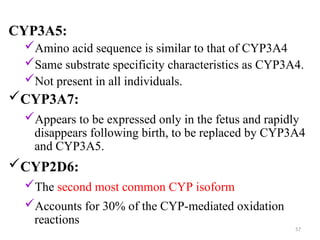CYP3A5:
Amino acid sequence is similar to that of CYP3A4
Same substrate specificity characteristics as CYP3A4.
Not present in all individuals.
CYP3A7:
Appears to be expressed only in the fetus and rapidly
disappears following birth, to be replaced by CYP3A4
and CYP3A5.
CYP2D6:
The second most common CYP isoform
Accounts for 30% of the CYP-mediated oxidation
reactions
57
 