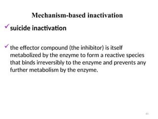Mechanism-based inactivation
suicide inactivation
the effector compound (the inhibitor) is itself
metabolized by the enzyme to form a reactive species
that binds irreversibly to the enzyme and prevents any
further metabolism by the enzyme.
61
 