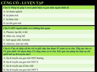 CỦNG CỐ - LUYỆN TẬP
Câu 4: Phép lai giúp Coren phát hiện ra gen nằm ngoài nhân là
A. lai thuận nghịch.
B. lai phân tích
C. lai khác loài
D. lai đổi giới tính
Câu 6: Cho cá chép cái lai với cá giếc đực thu được F1 toàn cá có râu. Tiếp tục cho cá
F1 giao phối với nhau được F2 cũng toàn cá có râu. Kết quả của phép lai chịu sự chi
phối bởi sự di truyền nào?
A. Sự di truyền của gen trên NST thường.
B. Sự di truyền của gen trên NST X
C. Sự di truyền qua tế bào chất
D. Sự di truyền của gen trên NST Y
Câu 5:ADN ngoài nhân có ở những bào quan
A. Plasmit, lạp thể, ti thể
B. nhân con, trung thể
C. lưới ngoại chất, lizôxôm
D. ribôxôm, lưới nội chất.
 