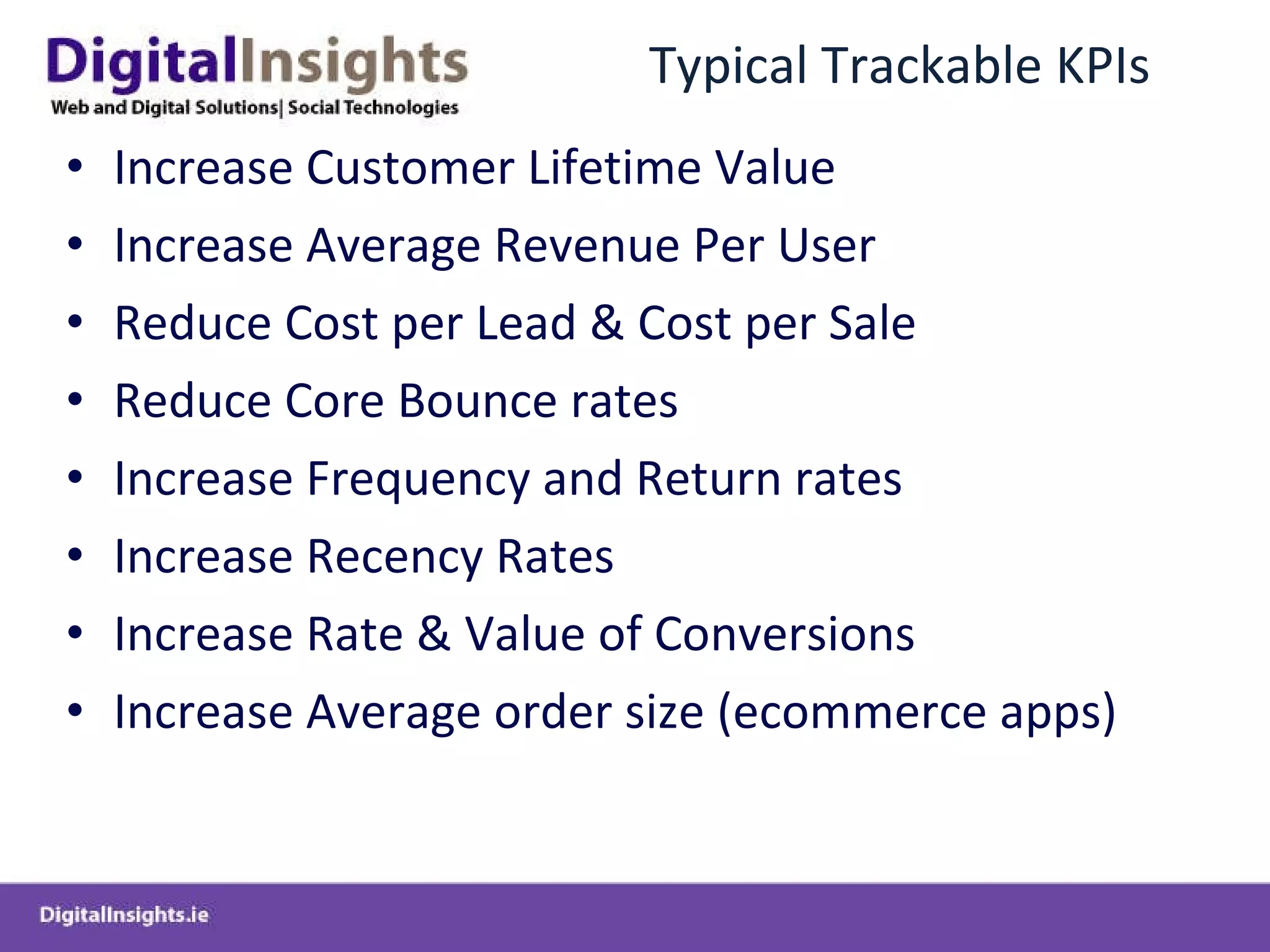 Typical Trackable KPIs Increase Customer Lifetime Value Increase Average Revenue Per User Reduce Cost per Lead & Cost per Sale Reduce Core Bounce rates Increase Frequency and Return rates Increase Recency Rates Increase Rate & Value of Conversions Increase Average order size (ecommerce apps) 