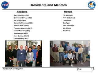 Residents and Mentors
                Residents                              Mentors
            Gary Dittemore (JSC)                      T.K. Mattingly
            Geminesse Dorsey (JSC)                    Jerry McCullough
            Joe Grady (GRC)                           Tom Modlin
            Samantha Manning (KSC)                    Bob Ryan
            Samuel Miller (LaRC)                      Dave Shemwell
            Theodore Muench (GSFC)                    Milt Silveira
            Terrian Nowden (GRC)                      Bob West
            Sarah Quach (KSC)
            Jerry Sterling (GSFC)
            Omar Torres (LaRC)




Max Launch Abort System                                                  Page   6
 