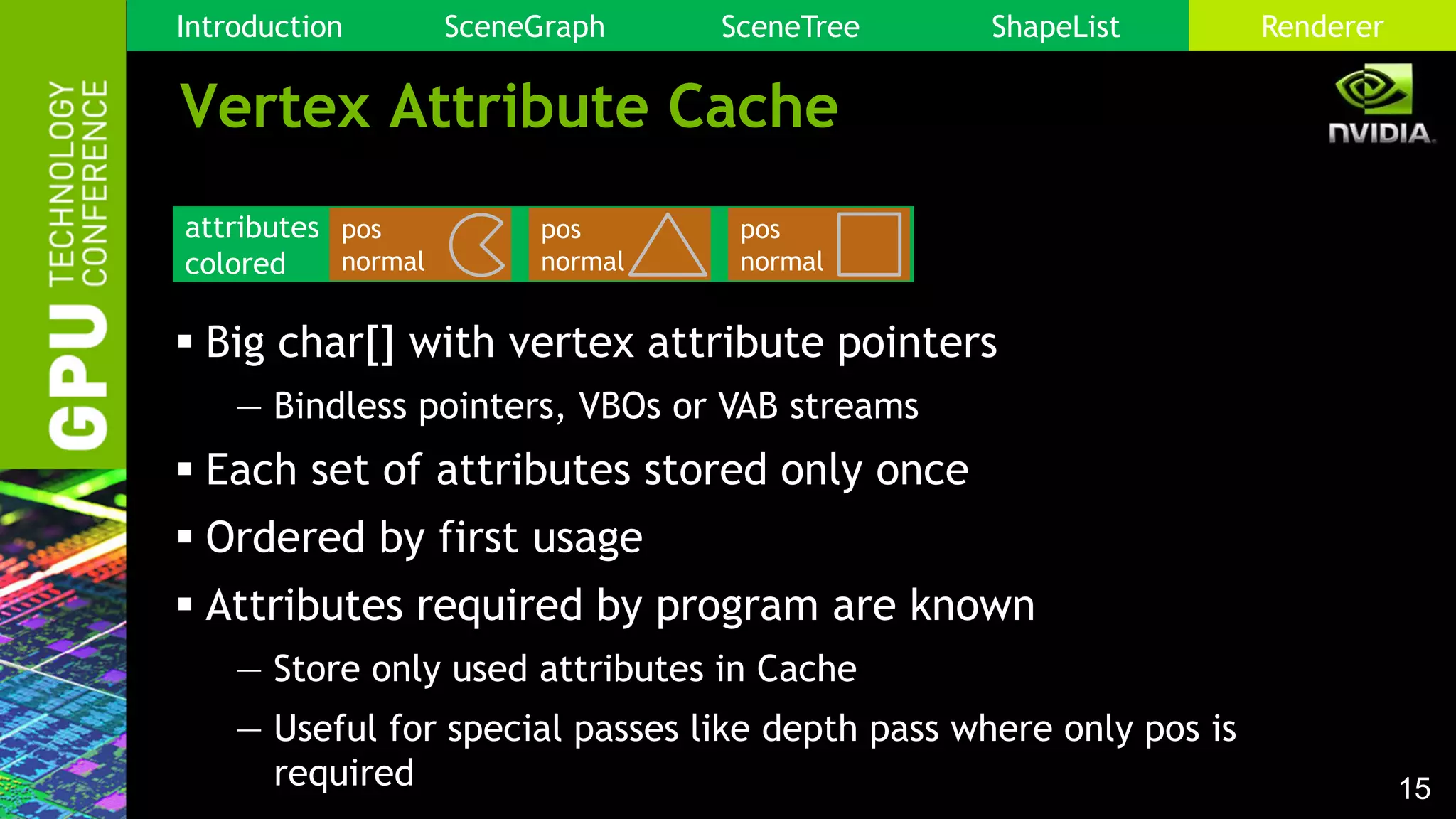 15
Vertex Attribute Cache
 Big char[] with vertex attribute pointers
— Bindless pointers, VBOs or VAB streams
 Each set of attributes stored only once
 Ordered by first usage
 Attributes required by program are known
— Store only used attributes in Cache
— Useful for special passes like depth pass where only pos is
required
attributes
colored
pos
normal
pos
normal
pos
normal
Introduction SceneGraph SceneTree ShapeList Renderer
 
