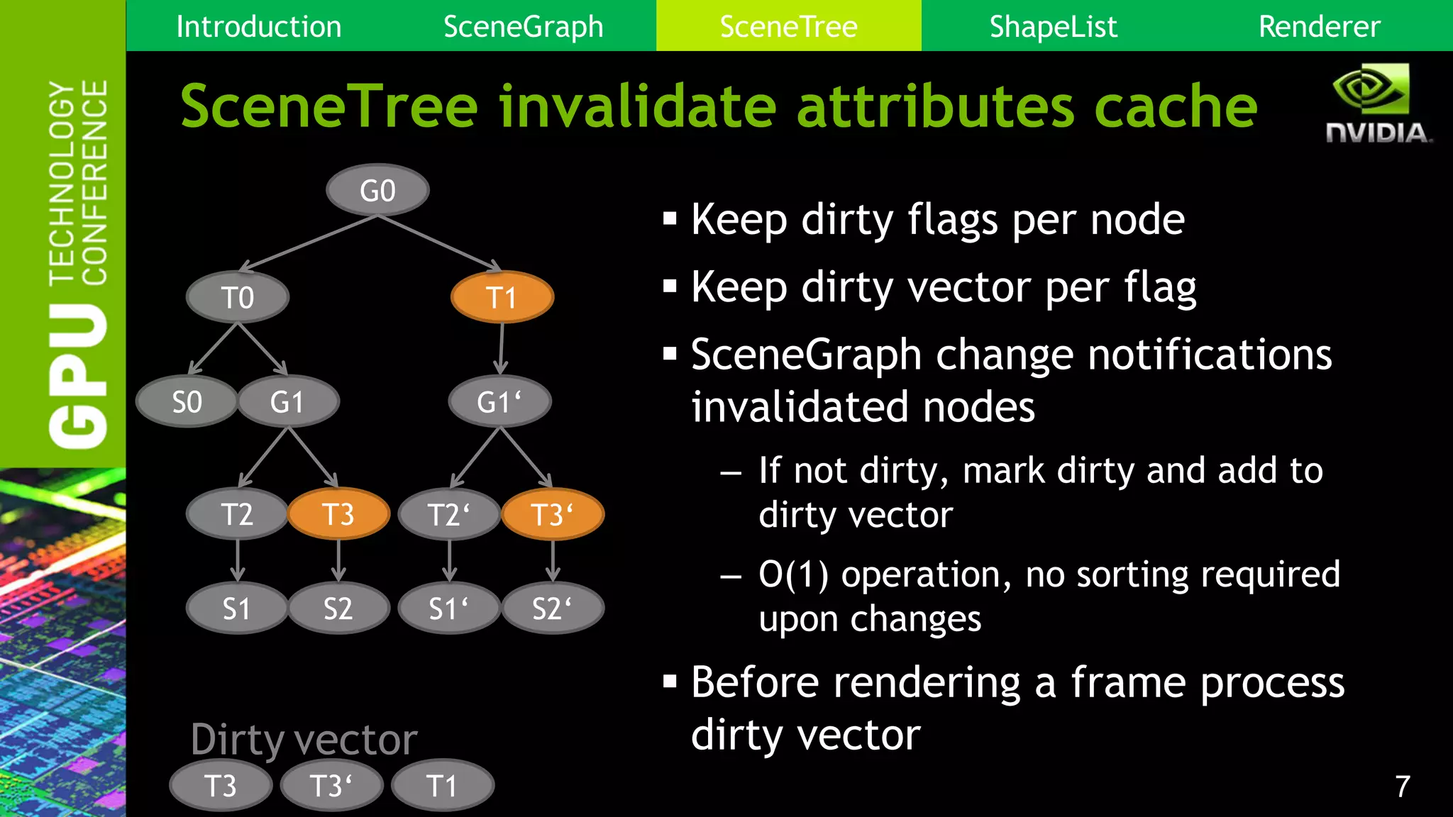 7
SceneTree invalidate attributes cache
 Keep dirty flags per node
 Keep dirty vector per flag
 SceneGraph change notifications
invalidated nodes
– If not dirty, mark dirty and add to
dirty vector
– O(1) operation, no sorting required
upon changes
 Before rendering a frame process
dirty vectorDirty vector
T1T3 T3‘
G0
T0 T1
T2
S1 S2
G1
T3
S0
T2‘
S1‘ S2‘
G1‘
T3‘
Introduction SceneGraph SceneTree ShapeList Renderer
 