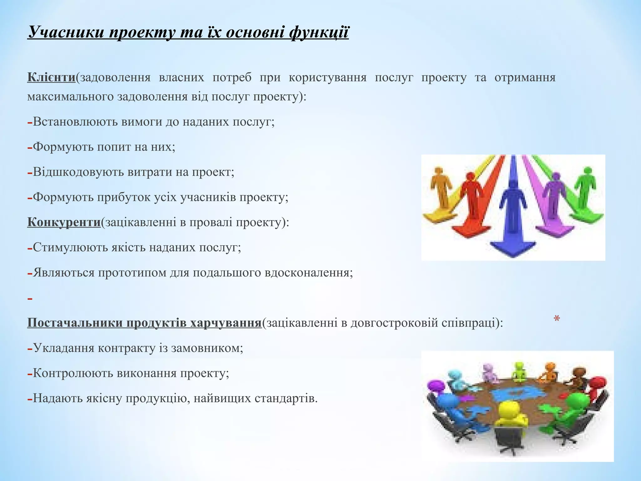 Учасники проекту та їх основні функції
Клієнти(задоволення власних потреб при користування послуг проекту та отримання
максимального задоволення від послуг проекту):
-Встановлюють вимоги до наданих послуг;
-Формують попит на них;
-Відшкодовують витрати на проект;
-Формують прибуток усіх учасників проекту;
Конкуренти(зацікавленні в провалі проекту):
-Стимулюють якість наданих послуг;
-Являються прототипом для подальшого вдосконалення;
-
Постачальники продуктів харчування(зацікавленні в довгостроковій співпраці):
-Укладання контракту із замовником;
-Контролюють виконання проекту;
-Надають якісну продукцію, найвищих стандартів.
 