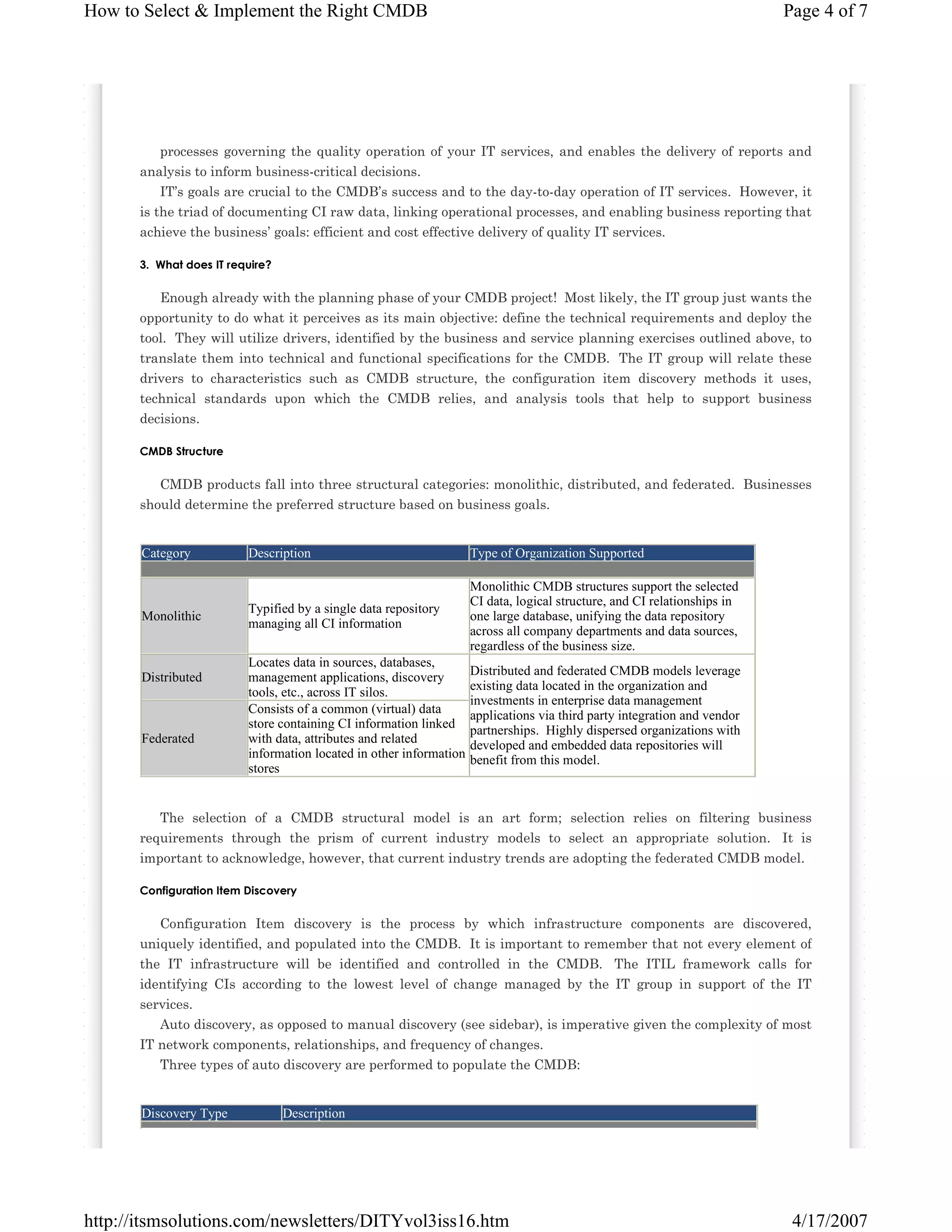 How to Select & Implement the Right CMDB

Page 4 of 7

processes governing the quality operation of your IT services, and enables the delivery of reports and
analysis to inform business-critical decisions.
IT’s goals are crucial to the CMDB’s success and to the day-to-day operation of IT services. However, it
is the triad of documenting CI raw data, linking operational processes, and enabling business reporting that
achieve the business’ goals: efficient and cost effective delivery of quality IT services.
3.€ What does IT require?

Enough already with the planning phase of your CMDB project! Most likely, the IT group just wants the
opportunity to do what it perceives as its main objective: define the technical requirements and deploy the
tool. They will utilize drivers, identified by the business and service planning exercises outlined above, to
translate them into technical and functional specifications for the CMDB. The IT group will relate these
drivers to characteristics such as CMDB structure, the configuration item discovery methods it uses,
technical standards upon which the CMDB relies, and analysis tools that help to support business
decisions.
CMDB Structure

CMDB products fall into three structural categories: monolithic, distributed, and federated. Businesses
should determine the preferred structure based on business goals.

Category

Monolithic

Distributed

Federated

Description

Type of Organization Supported

Typified by a single data repository
managing all CI information

Monolithic CMDB structures support the selected
CI data, logical structure, and CI relationships in
one large database, unifying the data repository
across all company departments and data sources,
regardless of the business size.

Locates data in sources, databases,
management applications, discovery
tools, etc., across IT silos.
Consists of a common (virtual) data
store containing CI information linked
with data, attributes and related
information located in other information
stores

Distributed and federated CMDB models leverage
existing data located in the organization and
investments in enterprise data management
applications via third party integration and vendor
partnerships. Highly dispersed organizations with
developed and embedded data repositories will
benefit from this model.

The selection of a CMDB structural model is an art form; selection relies on filtering business
requirements through the prism of current industry models to select an appropriate solution. It is
important to acknowledge, however, that current industry trends are adopting the federated CMDB model.
Configuration Item Discovery

Configuration Item discovery is the process by which infrastructure components are discovered,
uniquely identified, and populated into the CMDB. It is important to remember that not every element of
the IT infrastructure will be identified and controlled in the CMDB. The ITIL framework calls for
identifying CIs according to the lowest level of change managed by the IT group in support of the IT
services.
Auto discovery, as opposed to manual discovery (see sidebar), is imperative given the complexity of most
IT network components, relationships, and frequency of changes.
Three types of auto discovery are performed to populate the CMDB:

Discovery Type

Description

http://itsmsolutions.com/newsletters/DITYvol3iss16.htm

4/17/2007

 