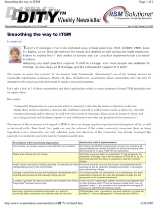 Smoothing the way to ITSM

Page 1 of 2

The workable, practical guide to Do IT Yourself

Vol. 3.43 • October 30, 2007

Smoothing the way to ITSM
By Janet Kuhn

T oday’s

IT managers live in an alphabet soup of best practices: ITIL®, COBIT®, PMI®, Lean
Six Sigma, so on. They all mention the needs and desires of staff during the implementation.
Failure to realize that IT staff makes or breaks any best practice implementation can result
in failure.
Adopting any best practice requires IT staff to change; and most people are resistant to
change. So how does an IT manager get the enthusiastic support of IT staff?
The answer is social best practice! In the seminal book "Community Organization," one of the leading authors on
community organization techniques, Murray G. Ross, identified key assumptions about communities that can help IT
managers build consensus and momentum to create a successful program.
Let's take a look at 7 of these assumptions and their implications within a typical program to bring ITSM principles into
an organization.
Ross wrote:
"Community Organization is a process by which a community identifies its needs or objectives, orders (or
ranks) those needs or objectives, develops the confidence and will to work at these needs or objectives, finds the
resources (internal and/or external) to deal with these needs or objectives, takes action in respect to them, and
in so doing extends and develops cooperative and collaborative attitudes and practices in the community."
The essence of this statement with regard to ITSM is that any change requires organizational development skills, as well
as technical skills. Ross found that goals can only be achieved if the entire community recognizes them as being
important; and a community can only establish goals and objectives if the community has already developed the
capability to collaborate and work together toward a specific goal.
Assumptions within Community Organization1

Relationship to ITSM Implementation

Communities can develop capacity to deal with their own problems.

By initiating formal ITSM implementation projects and programs, IT
groups establish the needed foundation to actively develop the skills
and practices for bringing ITSM into the organization.

People want change and can change.

More than any group within an organization, IT has recognized the
persistence of change. Key to the acceptance of ITSM as an ad hoc
world-wide standard has been its capability to deal with constant
change.

People should participate in making, adjusting, or controlling the major ITSM best practices embrace the inclusion of representatives from
changes taking place in their communities.
business, as well as various IT disciplines and levels, in developing
and implementing change.
Changes in community that are self-imposed or self-developed have
meaning and permanence that imposed changes do not.

ITSM best practices are a framework, not a methodology, and each
organization implements the parts and processes in ways that are
appropriate for its business environment.

A "holistic" approach can deal successfully with problems with which a ITSM's focus on relationships between processes and dependencies
"fragmented" approach cannot cope.
on other functions within IT and the business breaks down "silos of
operation" within IT, and provides critical oversight into managing IT
resources in alignment with Business needs.
Democracy requires cooperative participation and action in
community affairs and people must learn the skills to make this

ITSM identifies roles, not positions, that work together to achieve the
benefits of IT Service Management. The learning track of ITSM

http://www.itsmsolutions.com/newsletters/DITYvol3iss43.htm

10/31/2007

 