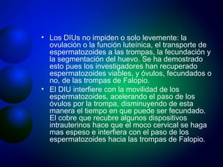 Los DIUs no impiden o solo levemente: la ovulación o la función luteínica, el transporte de espermatozoides a las trompas, la fecundación y la segmentación del huevo. Se ha demostrado esto pues los investigadores han recuperado espermatozoides viables, y óvulos, fecundados o no, de las trompas de Falopio. El DIU interfiere con la movilidad de los espermatozoides, acelerando el paso de los óvulos por la trompa, disminuyendo de esta manera el tiempo en que puede ser fecundado. El cobre que recubre algunos dispositivos intrauterinos hace que el moco cervical se haga mas espeso e interfiera con el paso de los espermatozoides hacia las trompas de Falopio. 