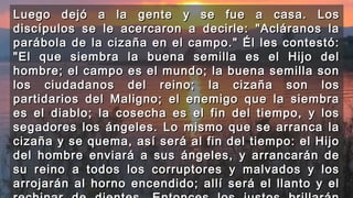 Luego dejó a la gente y se fue a casa. LosLuego dejó a la gente y se fue a casa. Los
discípulos se le acercaron a decirle: "Acláranos ladiscípulos se le acercaron a decirle: "Acláranos la
parábola de la cizaña en el campo." Él les contestó:parábola de la cizaña en el campo." Él les contestó:
"El que siembra la buena semilla es el Hijo del"El que siembra la buena semilla es el Hijo del
hombre; el campo es el mundo; la buena semilla sonhombre; el campo es el mundo; la buena semilla son
los ciudadanos del reino; la cizaña son loslos ciudadanos del reino; la cizaña son los
partidarios del Maligno; el enemigo que la siembrapartidarios del Maligno; el enemigo que la siembra
es el diablo; la cosecha es el fin del tiempo, y loses el diablo; la cosecha es el fin del tiempo, y los
segadores los ángeles. Lo mismo que se arranca lasegadores los ángeles. Lo mismo que se arranca la
cizaña y se quema, así será al fin del tiempo: el Hijocizaña y se quema, así será al fin del tiempo: el Hijo
del hombre enviará a sus ángeles, y arrancarán dedel hombre enviará a sus ángeles, y arrancarán de
su reino a todos los corruptores y malvados y lossu reino a todos los corruptores y malvados y los
arrojarán al horno encendido; allí será el llanto y elarrojarán al horno encendido; allí será el llanto y el
 