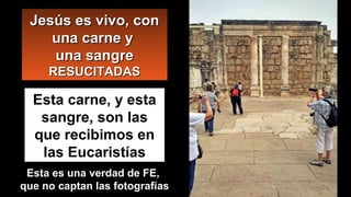 Esta carne, y esta
sangre, son las
que recibimos en
las Eucaristías
Jesús es vivo, conJesús es vivo, con
una carne yuna carne y
una sangreuna sangre
RESUCITADASRESUCITADAS
Esta es una verdad de FE,
que no captan las fotografías
 