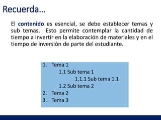 El contenido es esencial, se debe establecer temas y
sub temas. Esto permite contemplar la cantidad de
tiempo a invertir en la elaboración de materiales y en el
tiempo de inversión de parte del estudiante.
Recuerda…
1. Tema 1
1.1 Sub tema 1
1.1.1 Sub tema 1.1
1.2 Sub tema 2
2. Tema 2
3. Tema 3
 