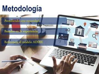 Metodología
Atendiendo una necesidad
Basados en la experiencia
Referencia el modelo ADDIE
 