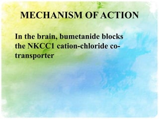 MECHANISM OF ACTION

In the brain, bumetanide blocks
the NKCC1 cation-chloride co-
transporter
 