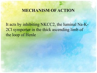 MECHANISM OF ACTION


It acts by inhibiting NKCC2, the luminal Na-K-
2Cl symporter in the thick ascending limb of
the loop of Henle
 