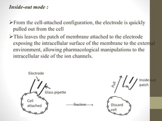 Inside-out mode :
From the cell-attached configuration, the electrode is quickly
pulled out from the cell
This leaves the patch of membrane attached to the electrode
exposing the intracellular surface of the membrane to the external
environment, allowing pharmacological manipulations to the
intracellular side of the ion channels.
Electrode
Glass pipette
Cell
attached
Inside-out
patch
Discard
cell
Suction
 