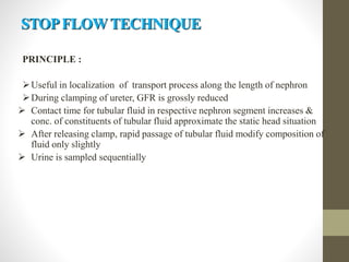 STOPFLOWTECHNIQUE
PRINCIPLE :
Useful in localization of transport process along the length of nephron
During clamping of ureter, GFR is grossly reduced
 Contact time for tubular fluid in respective nephron segment increases &
conc. of constituents of tubular fluid approximate the static head situation
 After releasing clamp, rapid passage of tubular fluid modify composition of
fluid only slightly
 Urine is sampled sequentially
 
