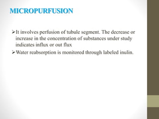 MICROPURFUSION
It involves perfusion of tubule segment. The decrease or
increase in the concentration of substances under study
indicates influx or out flux
Water reabsorption is monitored through labeled inulin.
 