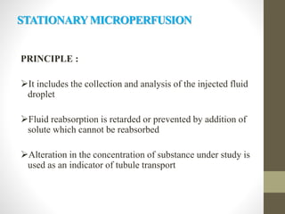 STATIONARYMICROPERFUSION
PRINCIPLE :
It includes the collection and analysis of the injected fluid
droplet
Fluid reabsorption is retarded or prevented by addition of
solute which cannot be reabsorbed
Alteration in the concentration of substance under study is
used as an indicator of tubule transport
 
