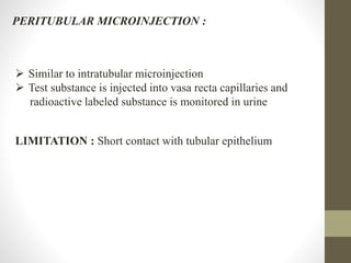 PERITUBULAR MICROINJECTION :
 Similar to intratubular microinjection
 Test substance is injected into vasa recta capillaries and
radioactive labeled substance is monitored in urine
LIMITATION : Short contact with tubular epithelium
 