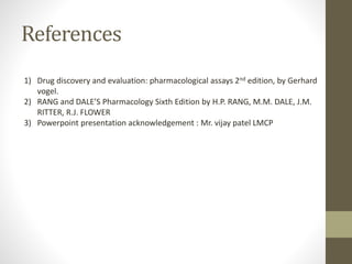 References
1) Drug discovery and evaluation: pharmacological assays 2nd edition, by Gerhard
vogel.
2) RANG and DALE’S Pharmacology Sixth Edition by H.P. RANG, M.M. DALE, J.M.
RITTER, R.J. FLOWER
3) Powerpoint presentation acknowledgement : Mr. vijay patel LMCP
 