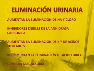 AUMENTAN LA ELIMINACION DE NA Y CLORO

INHIBIDORES DEBILES DE LA ANHIDRASA
CARBONICA

AUMENTAN LA ELIMINACION DE K Y DE ACIDOS
TITULABLES

INCREMENTAN LA ELIMINACION DE ACIDO URICO

GENERAN MAGNESURIA
 