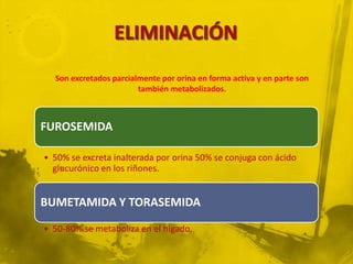 Son excretados parcialmente por orina en forma activa y en parte son
                        también metabolizados.



FUROSEMIDA

• 50% se excreta inalterada por orina 50% se conjuga con ácido
  glucurónico en los riñones.


BUMETAMIDA Y TORASEMIDA

• 50-80% se metaboliza en el hígado.
 