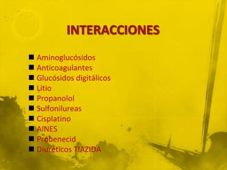  Aminoglucósidos
 Anticoagulantes
 Glucósidos digitálicos
 Litio
 Propanolol
 Sulfonilureas
 Cisplatino
 AINES
 Probenecid
 Diuréticos TIAZIDA
 