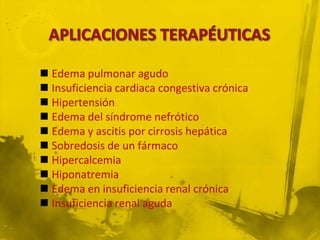  Edema pulmonar agudo
 Insuficiencia cardiaca congestiva crónica
 Hipertensión
 Edema del síndrome nefrótico
 Edema y ascitis por cirrosis hepática
 Sobredosis de un fármaco
 Hipercalcemia
 Hiponatremia
 Edema en insuficiencia renal crónica
 Insuficiencia renal aguda
 