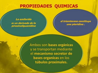 PROPIEDADES QUIMICAS

    La amilorida
                                el triamtereno constituye
es un derivado de la                  una pteridina .
pirazinoilguanidina




               Ambos son bases orgánicas
               y se transportan mediante
               el mecanismo secretor de
                 bases organicas en los
                  túbulos proximales.
                                                        60
 