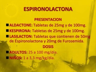 PRESENTACION
ALDACTONE: Tabletas de 25mg y de 100mg.
KESPIRONA: Tabletas de 25mg y de 100mg.
LASILACTON: Tabletas que contienen de 50mg
 de Espironolactona y 20mg de Furosemida.
                   DOSIS
ADULTOS: 25 a 100 mg/día.
NIÑOS: 1 a 3,3 mg/kg/día.
 