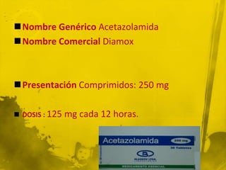Nombre Genérico Acetazolamida
Nombre Comercial Diamox



Presentación Comprimidos: 250 mg

 DOSIS : 125   mg cada 12 horas.
 