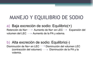 MANEJO Y EQUILIBRIO DE SODIO
a) Baja excreción de sodio: Equilibrio(+)
Retención de Na+      Aumento de Na+ en LEC        Expansión del
volumen del LEC      Aumento de la PA y edema.


b) Alta excreción de sodio: Equilibrio(-)
Disminución de Na+ en LEC       Disminución del volumen LEC
    (contracción del volumen)      Disminución de la PA y la
    volemia.
 