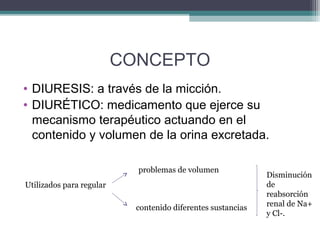 CONCEPTO
• DIURESIS: a través de la micción.
• DIURÉTICO: medicamento que ejerce su
  mecanismo terapéutico actuando en el
  contenido y volumen de la orina excretada.

                            problemas de volumen
                                                              Disminución
Utilizados para regular                                       de
                                                              reabsorción
                            contenido diferentes sustancias   renal de Na+
                                                              y Cl-.
 